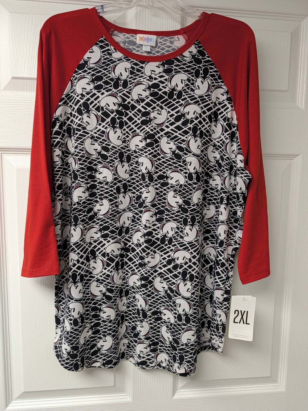 LuLaRoe Red Sleeve Black & White Mickey-Print Raglan Top